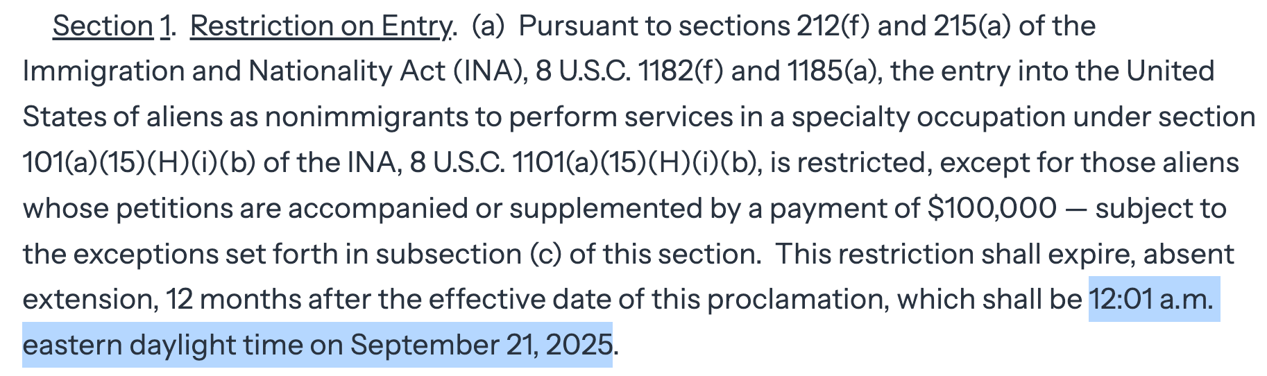 Screenshot of Section 1 of the White House proclamation showing the restriction details and effective date of 12:01 a.m. eastern daylight time on September 21, 2025